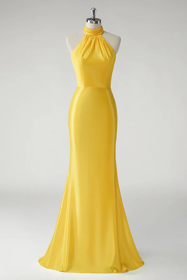 Yellow Mermaid Halter Satin Long Prom Dress simple gentle atmospheric and unique desi Bring summer colors to enhance whiteness