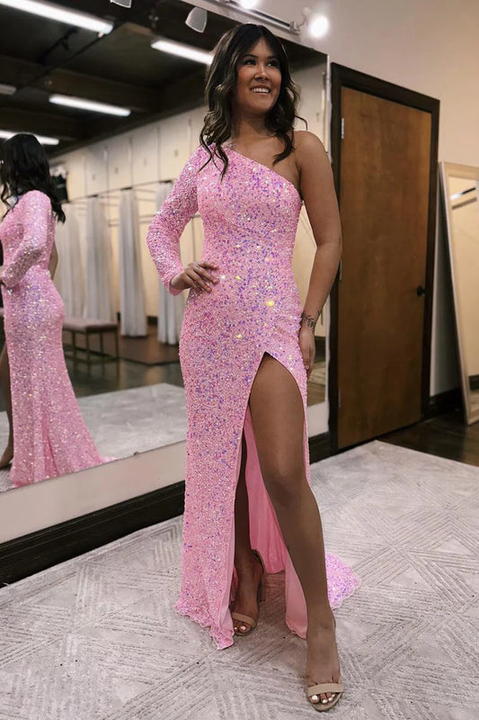 Sparkly Mermaid One Shoulder Pink Sequins Long Prom Dresses with Slit