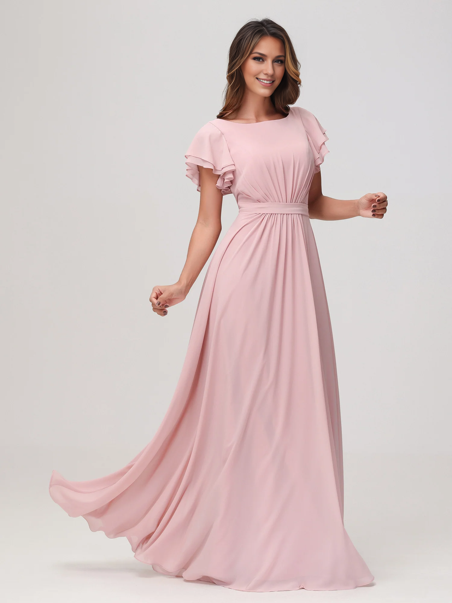 Bateau Neckline Flutter Sleeves Floor-length Dress Dusty RoseSimple gentle atmospheric and unique design