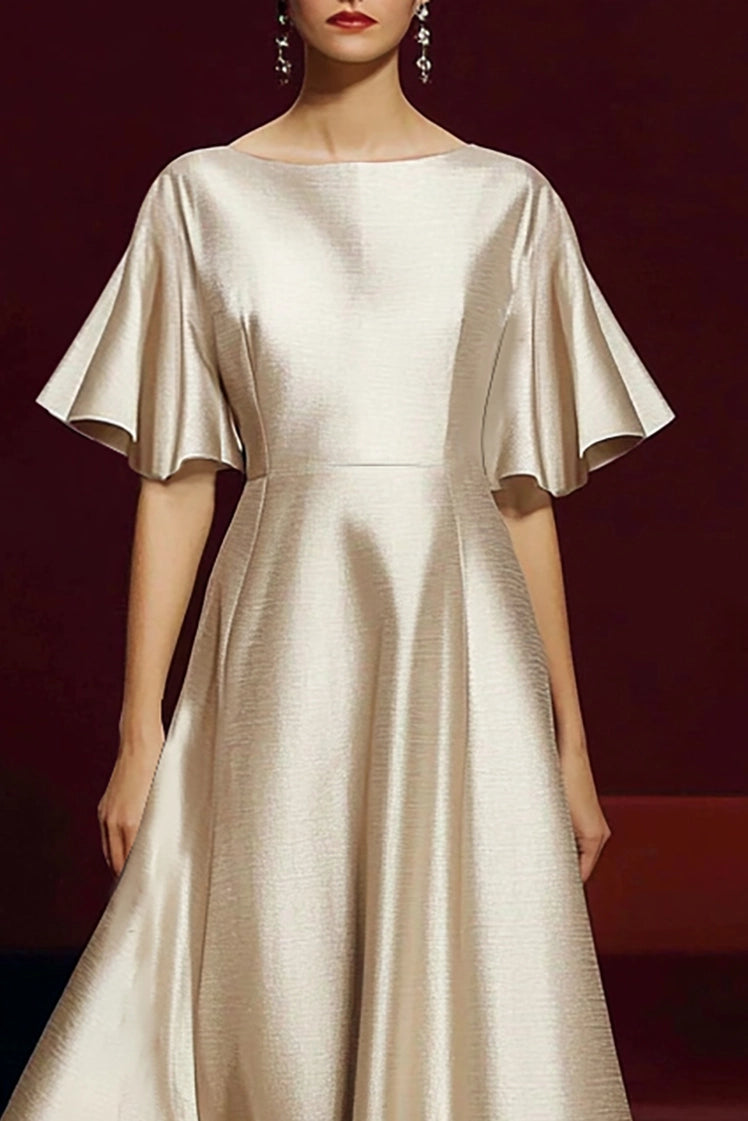 Formal Evening Beige Gown Satin Round Neck Ruffled Sleeve Maxi Dress
