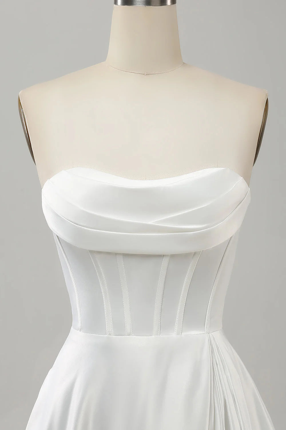 Elegant White A Line Strapless Pleated Sweep Train Corset Wedding Dress With Split