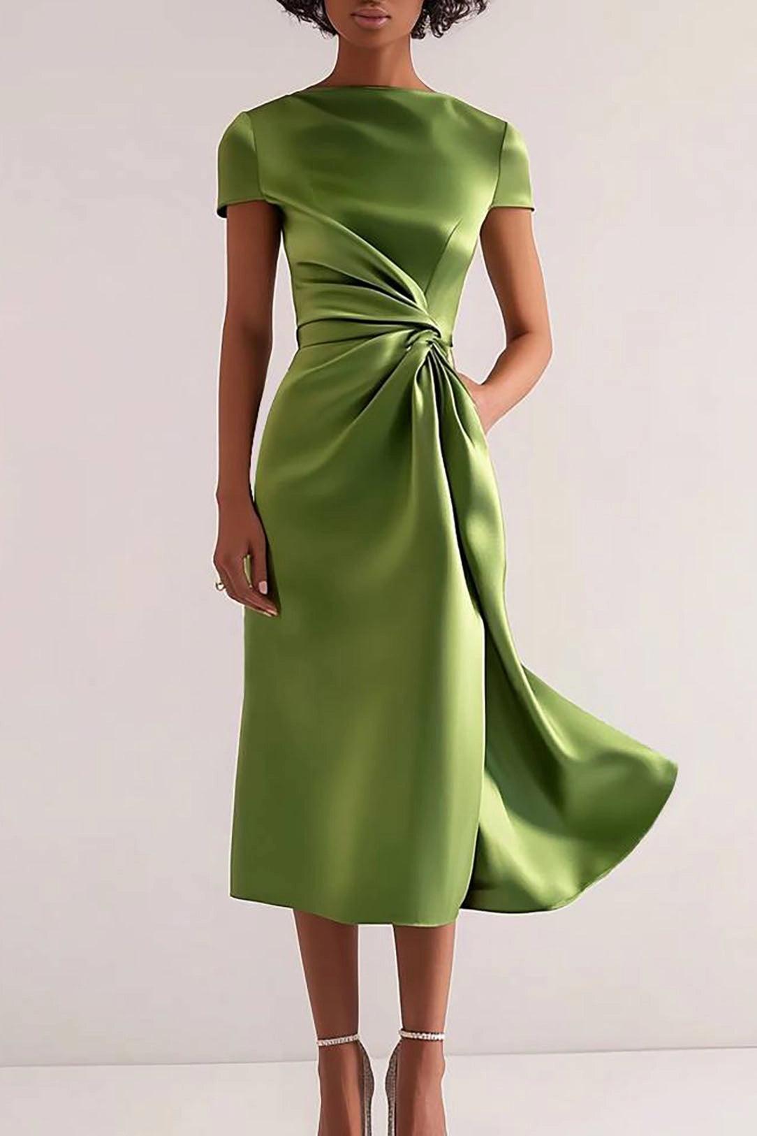 Simple beautiful generous and full of charm Prom Dress Party Smiformal Dress Short Sleeves Green Midi Mother of Bride Dress