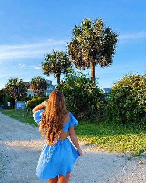 Blue Waist Cut Out Homecoming Dress Blue Beach Dress