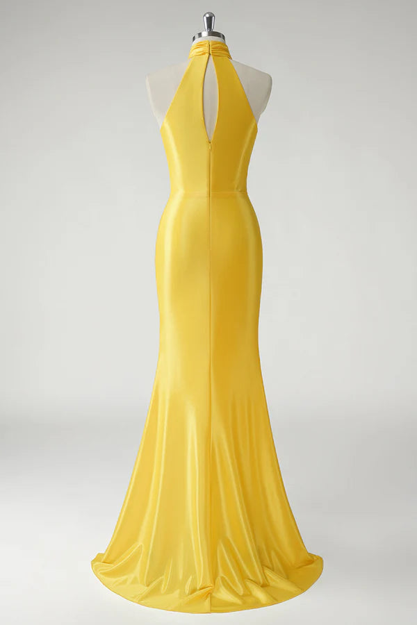 Yellow Mermaid Halter Satin Long Prom Dress simple gentle atmospheric and unique desi Bring summer colors to enhance whiteness