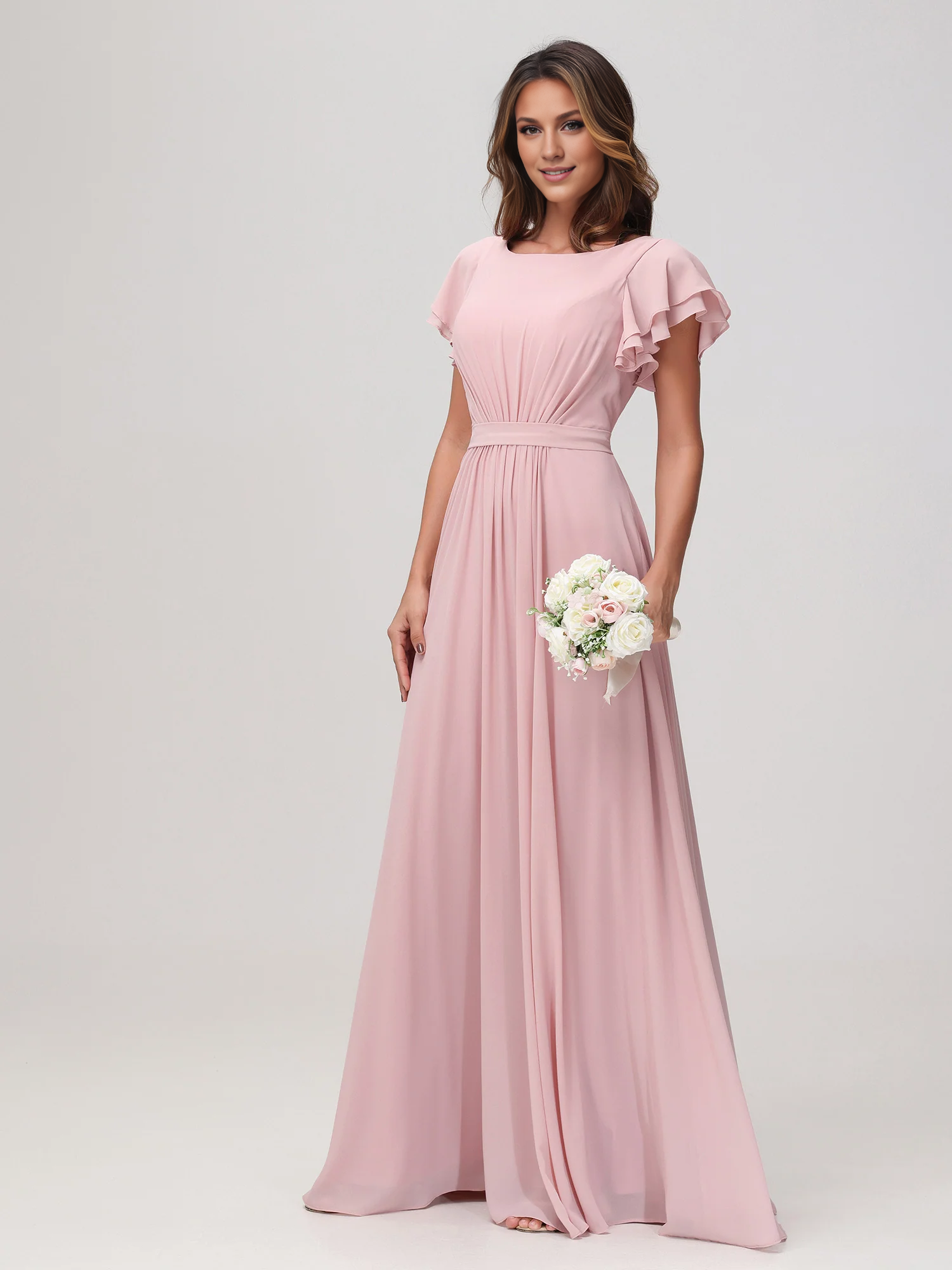 Bateau Neckline Flutter Sleeves Floor-length Dress Dusty RoseSimple gentle atmospheric and unique design