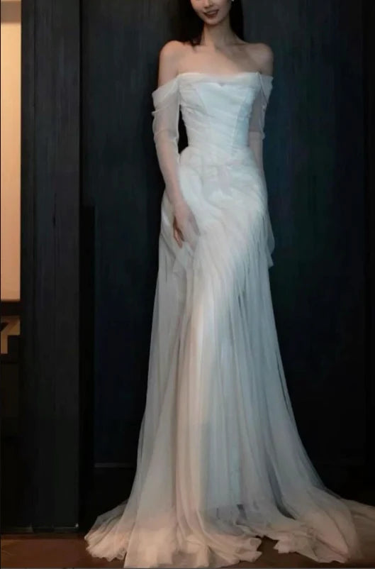 Stunning Mermaid Long Off Shoulder Tulle Wedding Dresses