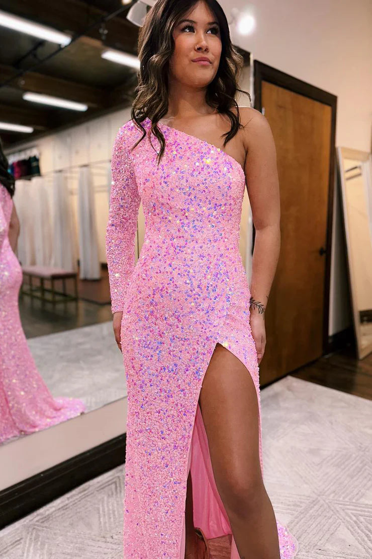Sparkly Mermaid One Shoulder Pink Sequins Long Prom Dresses with Slit