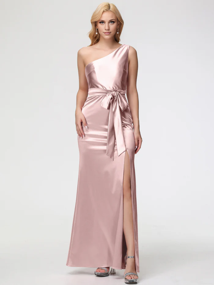 Prom Dresses Satin One Shoulder Trumpet/Mermaid Sleeveless Pleats Stretch Satin Prom Dresses