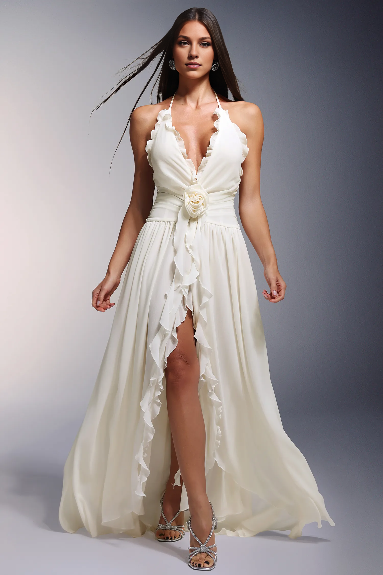 Ivy High Slit Deep-V Halter Flowers Maxi Dress Simple gentle atmospheric and unique design