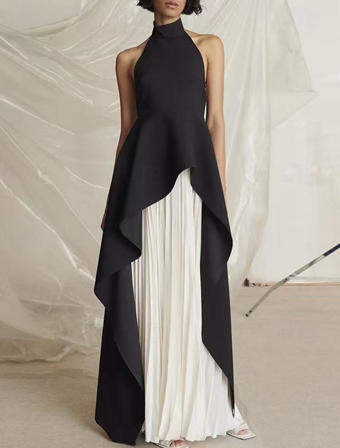 A-Line Evening Gown Black Dress Dress Evening Party Black Tie Gala Floor Length Sleeveless Stand Collar Wednesday Addams Family Chiffon Backless with Pleats Slit