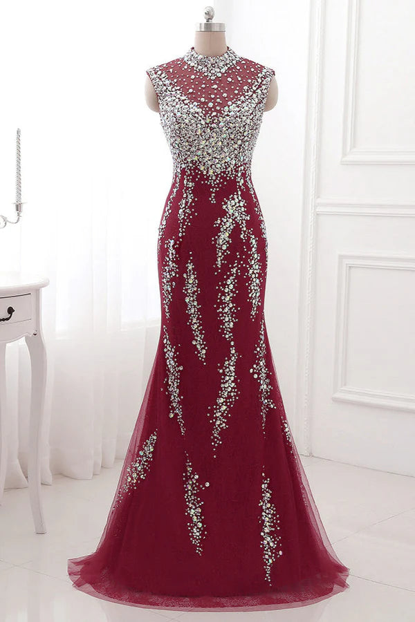 Luxury High-Neck Burgundy Mermaid Prom Dresses Sleeveless with White Rhinestones Simple gentle atmospheric and unique design