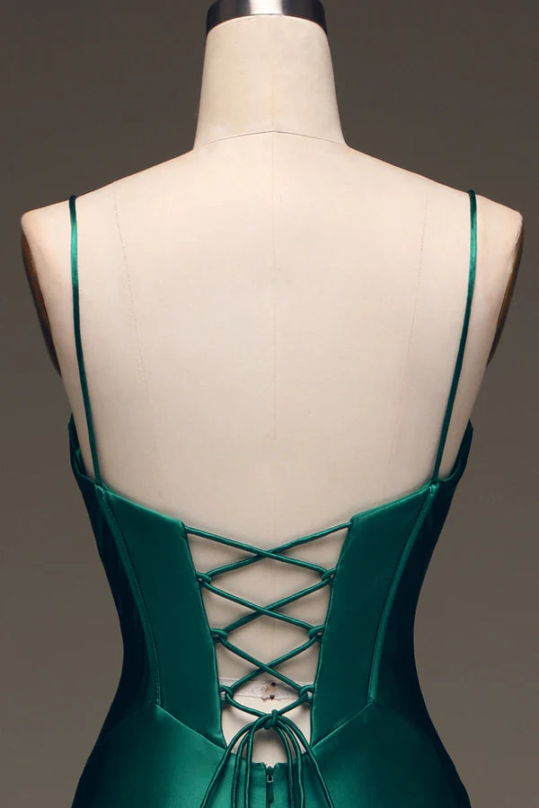 Satin Mermaid Lace-Up Back Dark Green Prom Dress with Corset Simple gentle atmospheric and unique desig