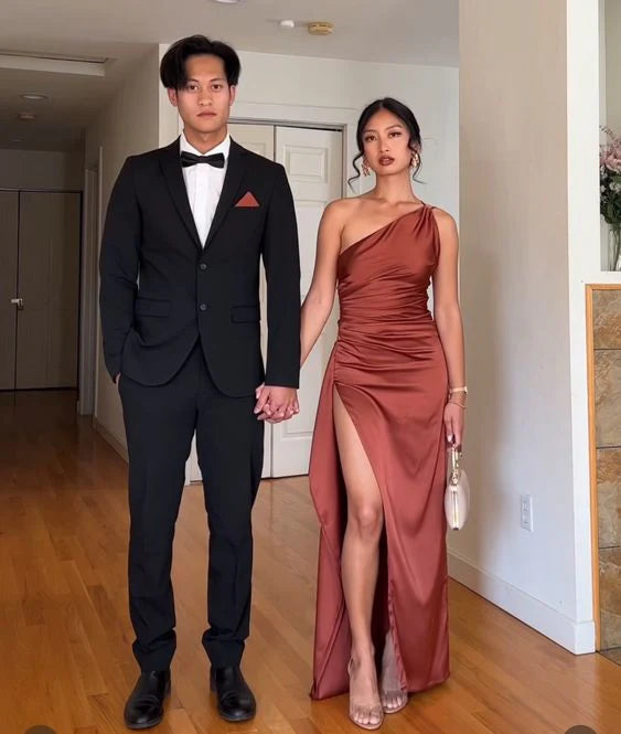 Rust one shoulder sexy split evening dress