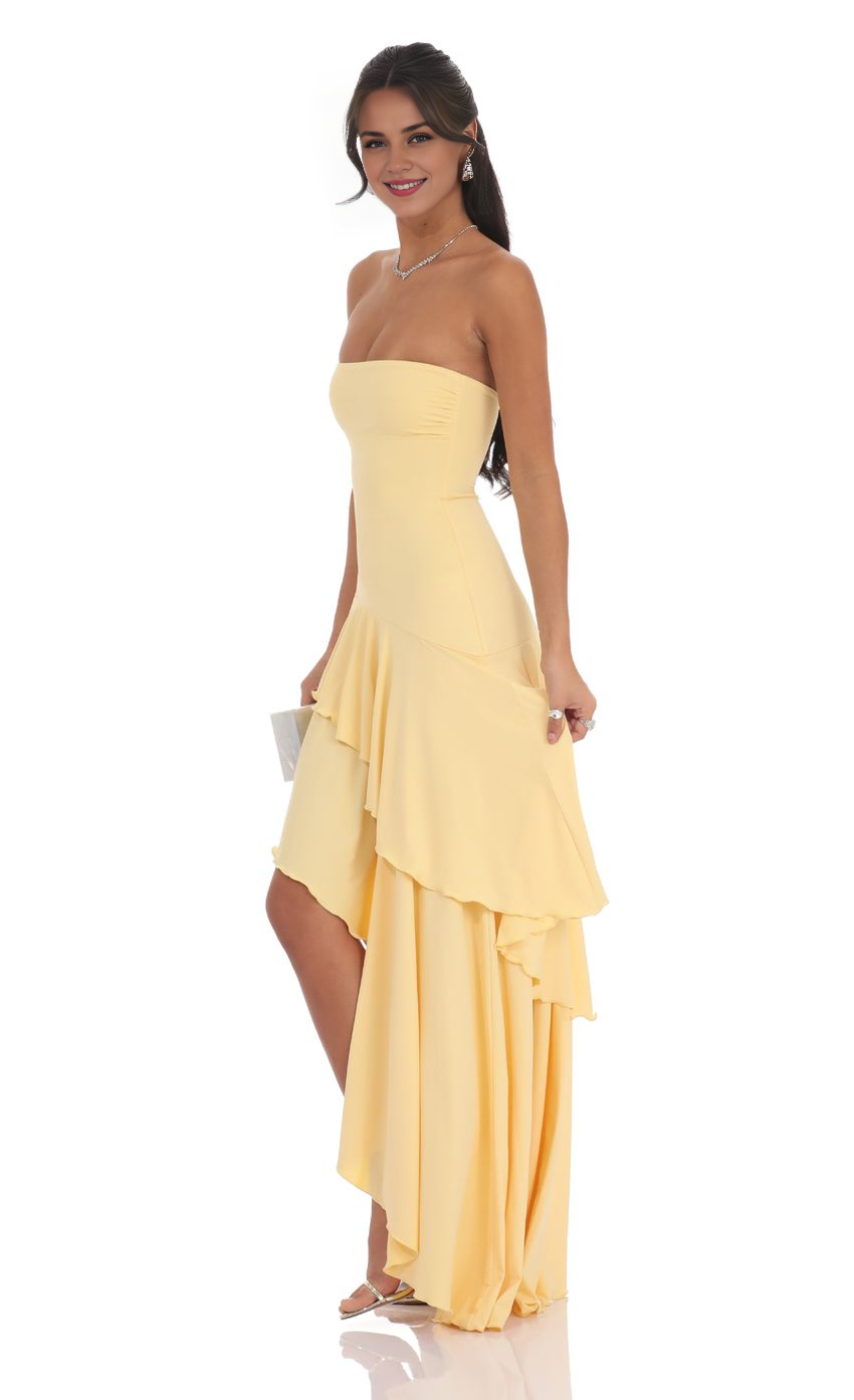 Strapless Ruffle Asymmetrical Maxi Dress in Yellow Simple gentle beautiful and unique design
