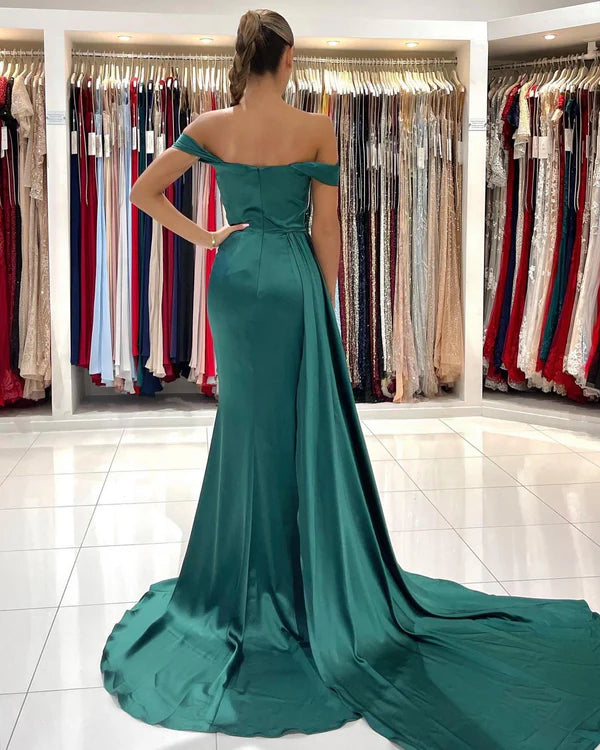 Off-the-Shoulder Dark Green Prom Dress Mermaid With Slit imple gentle atmospheric and unique design  ﻿