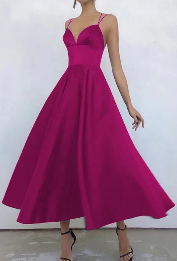 Simple V Neck Satin Burgundy Tea Length Prom/Evening Dresses