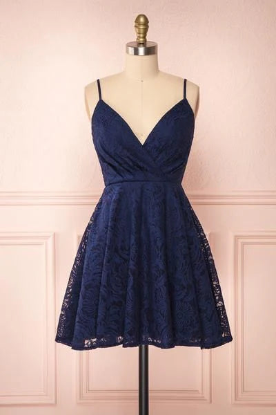 Navy Short Lace Dress Homecoming Dress