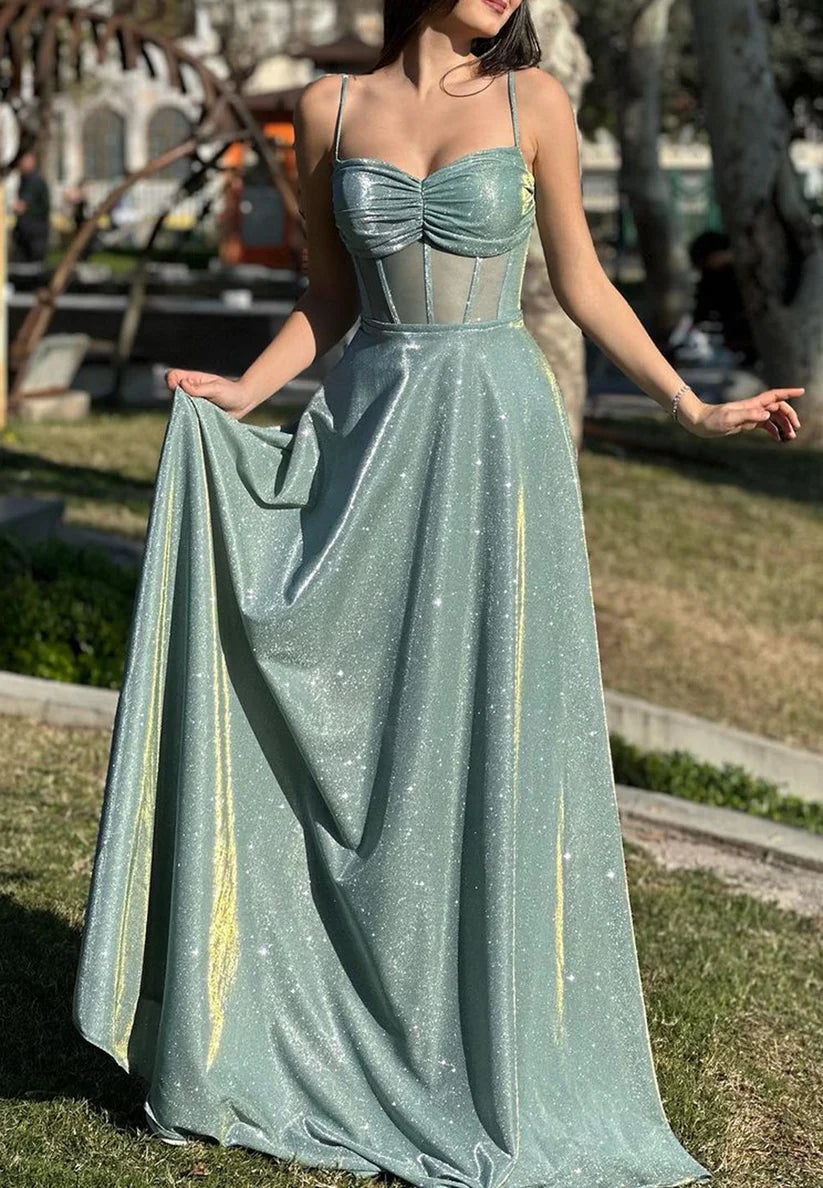 Sweetheart Spaghetti Straps Pleated Sparkly A-Line Prom Dress Simple gentle beautiful and unique design
