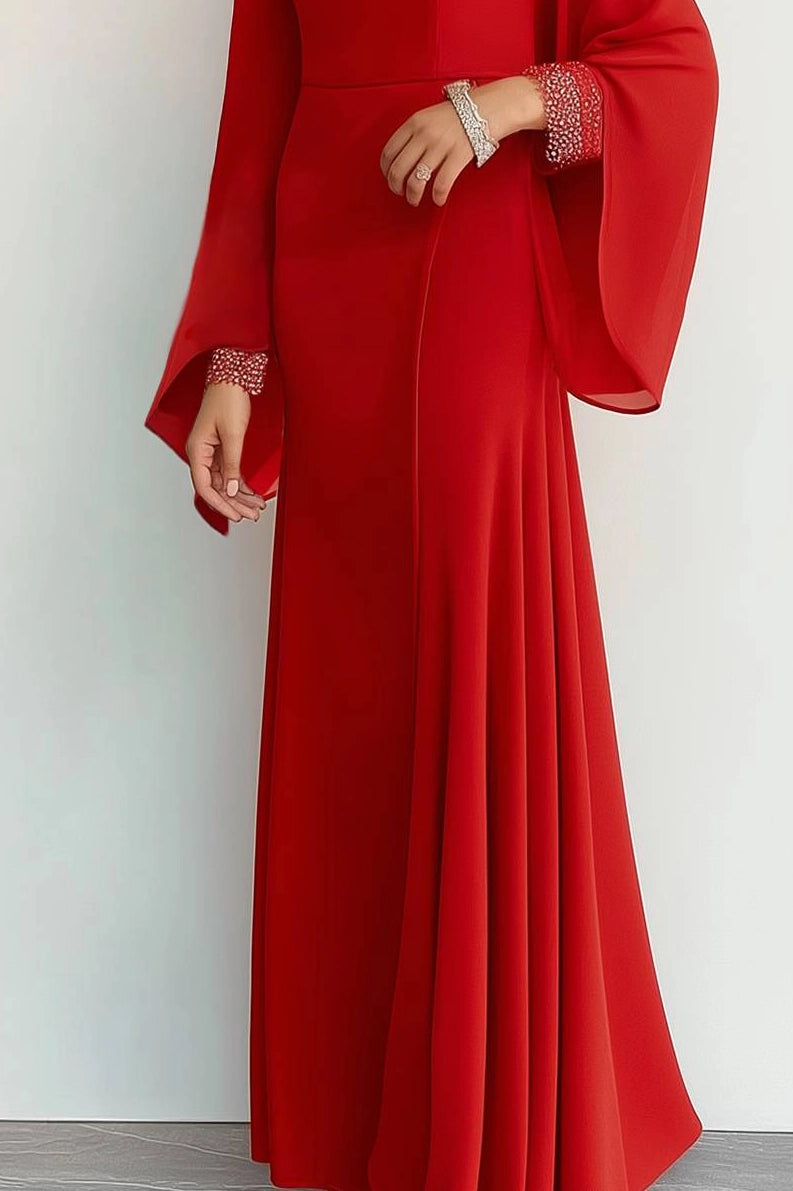 Semi-formal Party Dress Chiffon Bell Sleeve Rhinestone Cuffs Maxi Dress Simple beautiful generous and full of charm