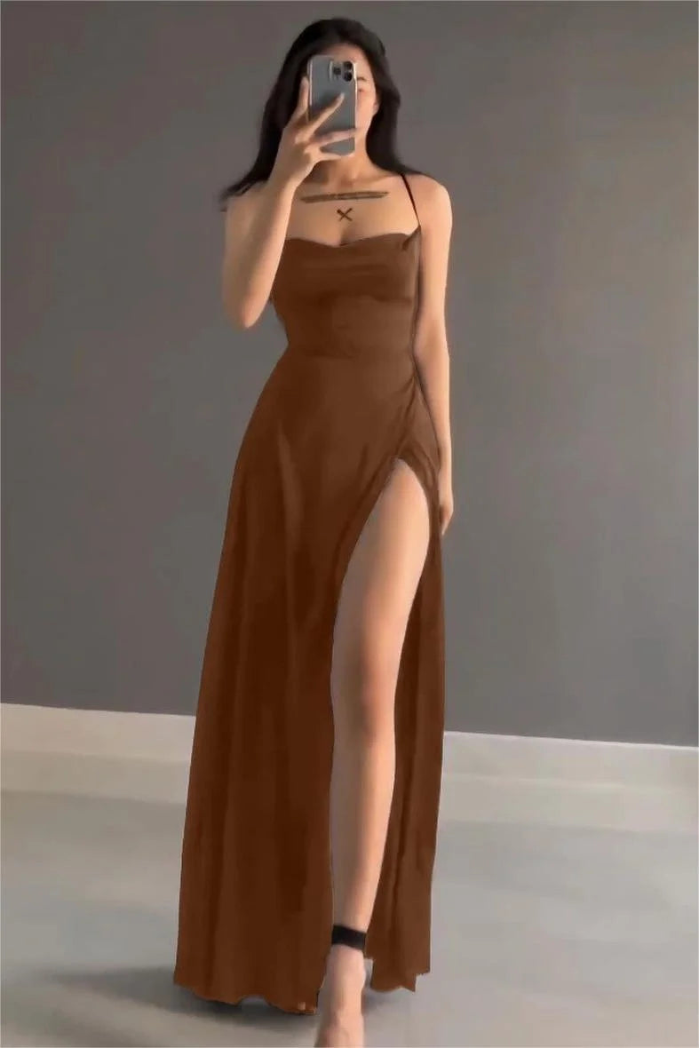 Broner Simple Black Stain Spaghetti Strap Sleeveless Long Prom Dress with Split