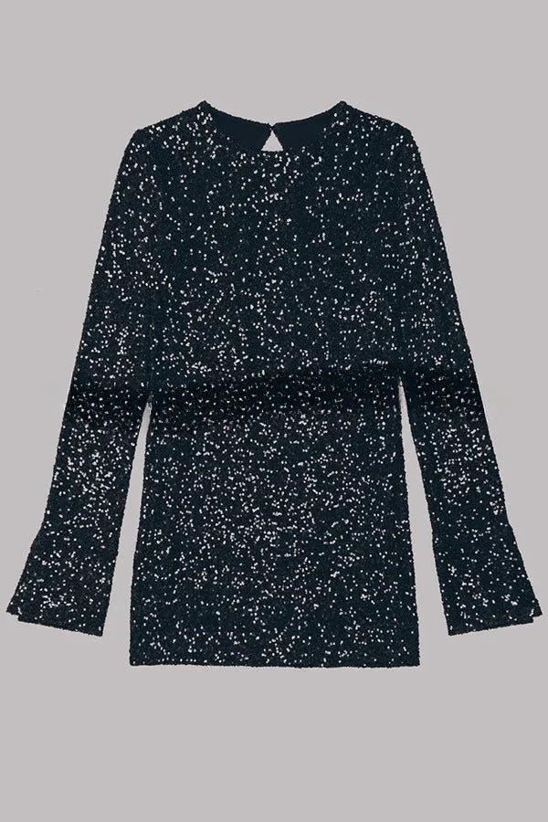 Flash Focus Sequin Extra Long Slit Sleeves Open Back Mini Dress Simple atmospheric beautiful and unique desi