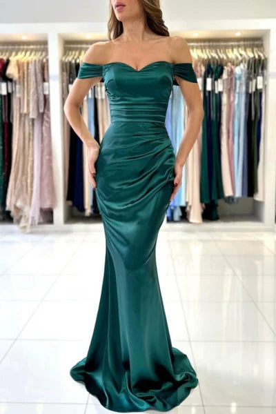 Beautiful Elegant Long Dark Green Off-shoulder Mermaid Sleeveless Evening Gowns Simple gentle atmospheric and unique design