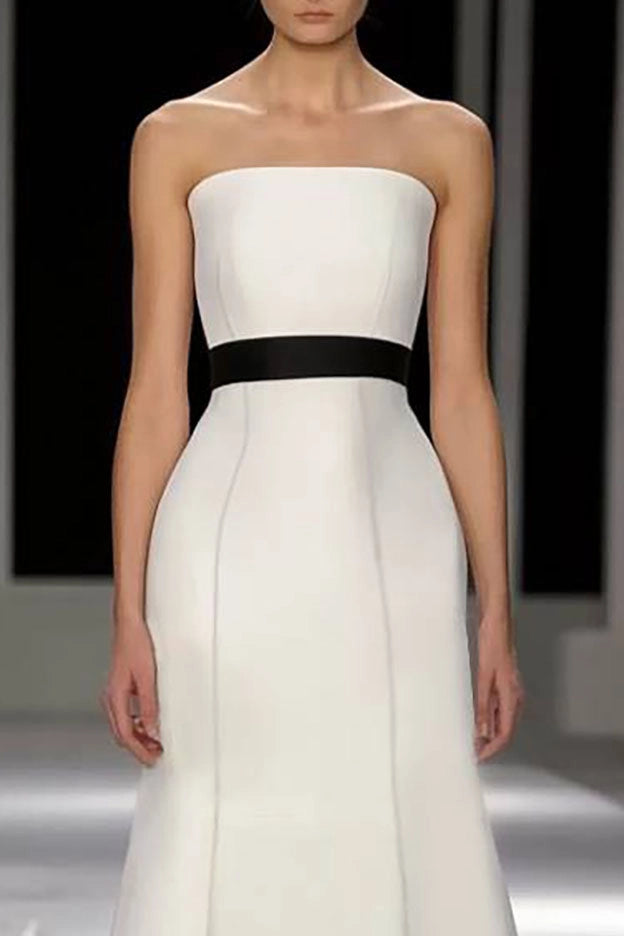 Formal Evening Dress White Strapless Black Waistband Floor-Length Gown