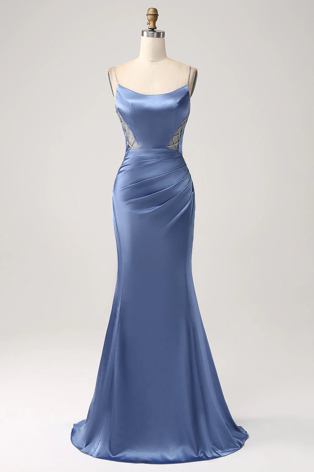 Grey Blue Mermaid Spaghetti Straps Cut Out Satin Long Prom Dress