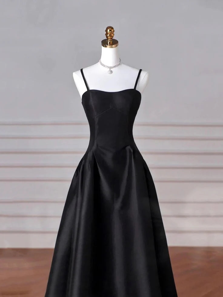 Elegant Black A Line Satin Long Prom Dress Formal Evening Dress