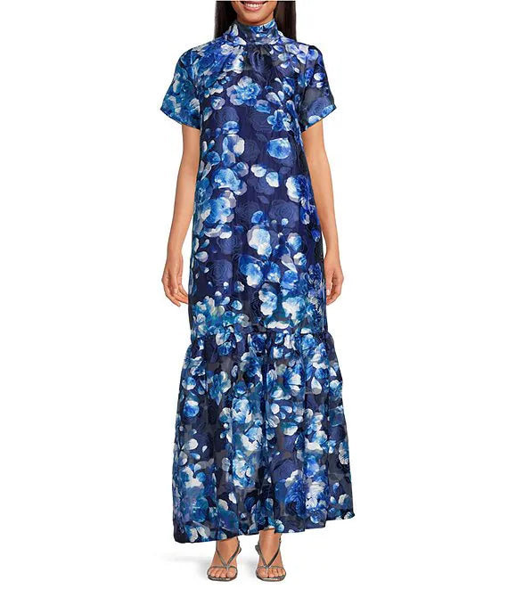 Abay Floral Dime Organza Mock Neck Bow Back Short Sleeve Maxi Dress Simple gentle atmospheric and unique design
