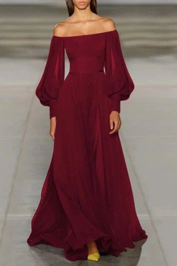 Elegant Sexy Strapless Tube Top Solid Color Lantern Sleeve Chiffon Dress