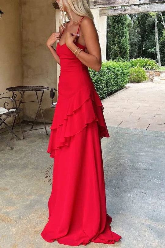 Spaghetti Straps Ruffles Sleeveless Lace-Up Long Prom Dress
