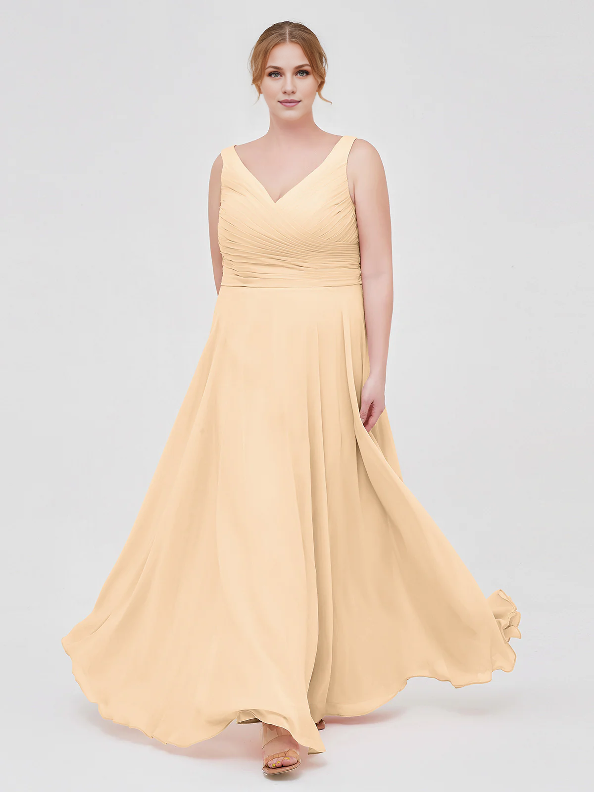 V Neck Long Chiffon Dress with Bow Peach Simple gentle atmospheric and unique design