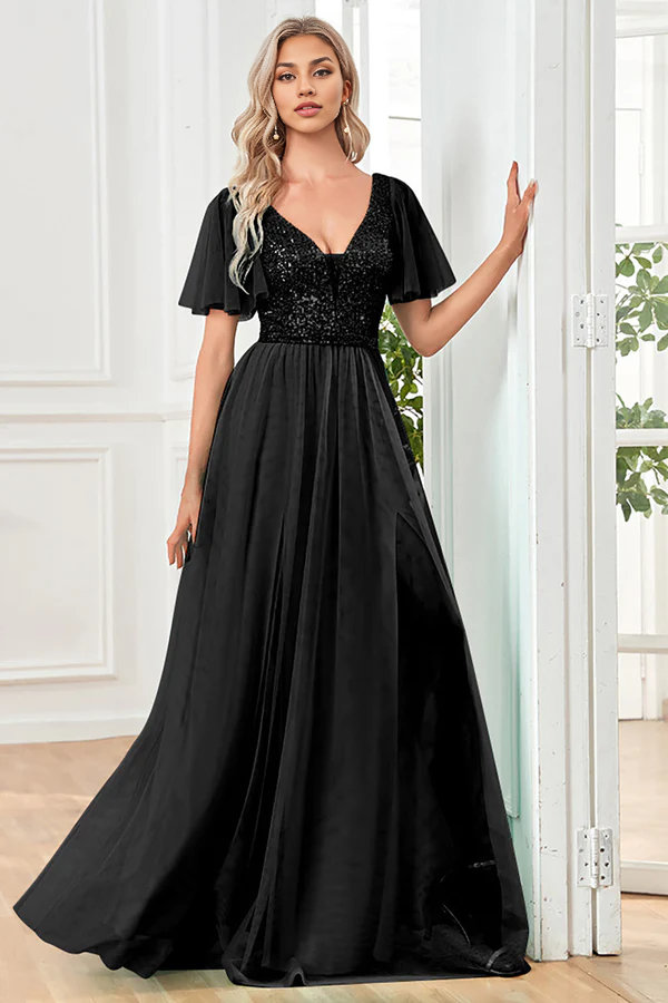Black A-Line V Neck Long Prom Dress with Sequins simple gentle atmospheric and unique desi