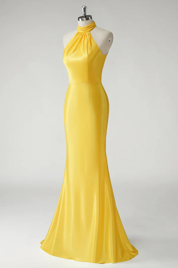 Yellow Mermaid Halter Satin Long Prom Dress simple gentle atmospheric and unique desi Bring summer colors to enhance whiteness