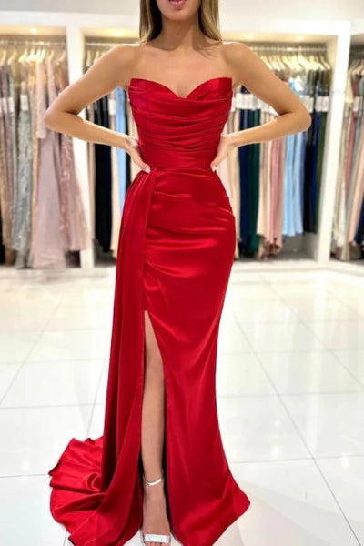 Simple Sweetheart Sleeveless Mermaid Satin Prom Dress with Split Front Simple gentle atmospheric and unique design