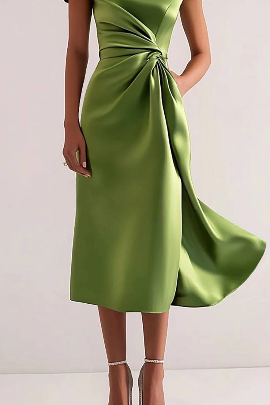 Simple beautiful generous and full of charm Prom Dress Party Smiformal Dress Short Sleeves Green Midi Mother of Bride Dress