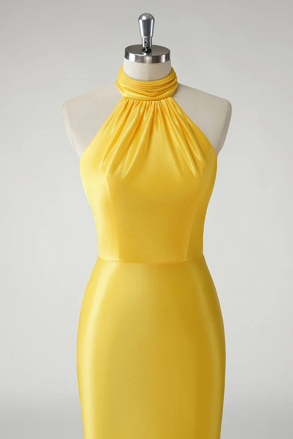 Yellow Mermaid Halter Satin Long Prom Dress simple gentle atmospheric and unique desi Bring summer colors to enhance whiteness