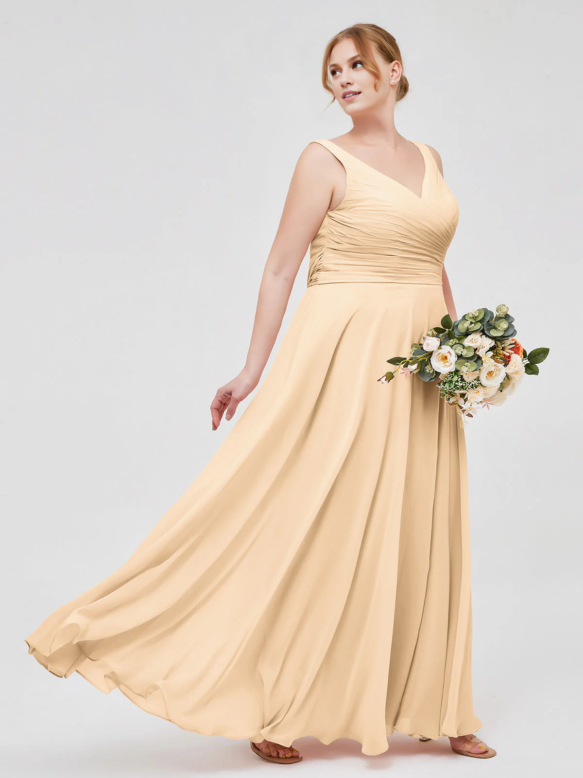V Neck Long Chiffon Dress with Bow Peach Simple gentle atmospheric and unique design