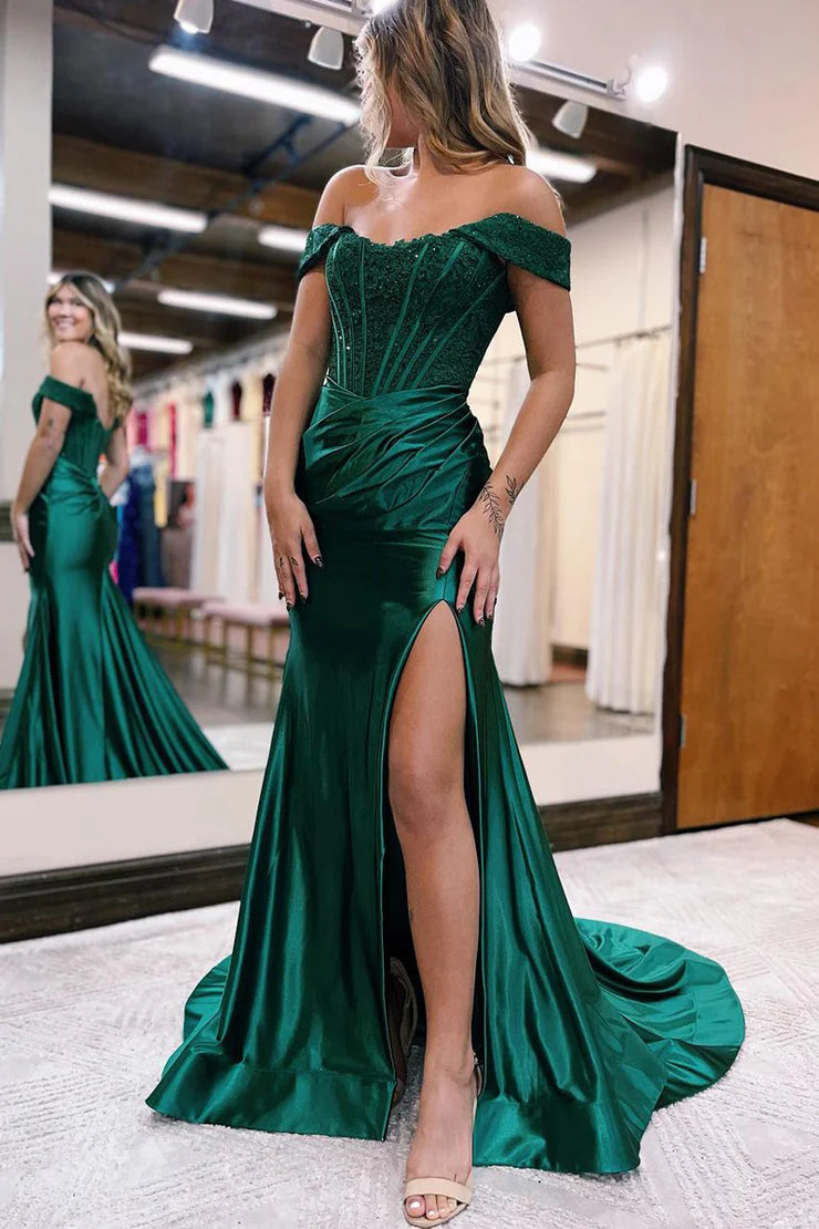 Charming Mermaid Off the Shoulder Dark Green Satin Long Prom Dresses with Lace