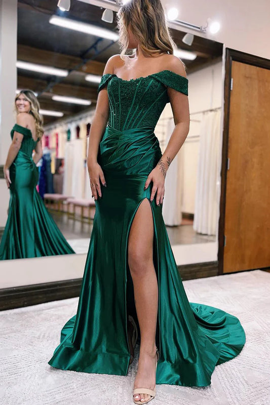 Charming Mermaid Off the Shoulder Dark Green Satin Long Prom Dresses with Lace