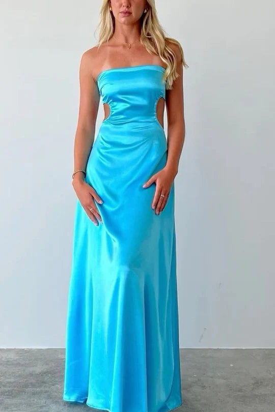 Backless Strapless A-Line Scoop Pleats Satin Long Party Prom Dress