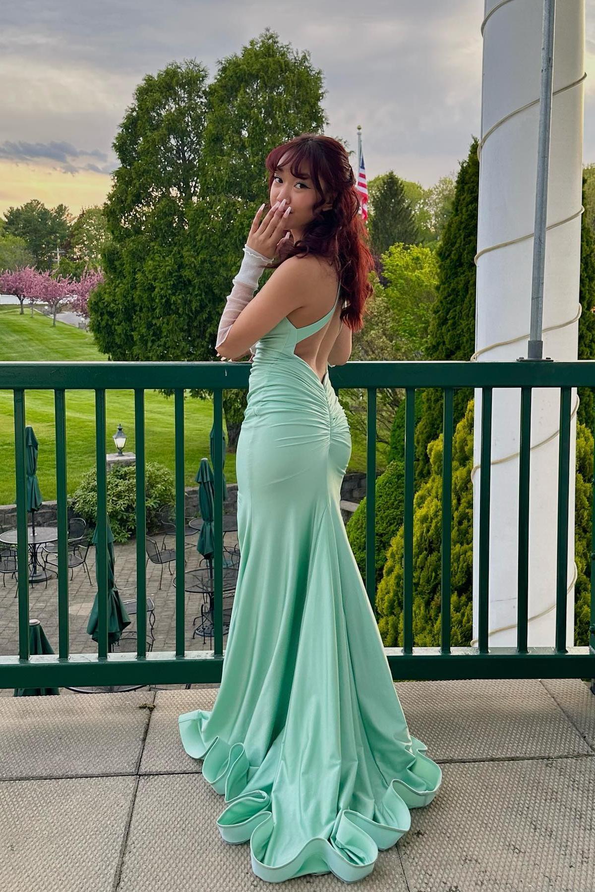 V Neck Green Satin Mermaid Long Prom Dress with Cross Back Simple atmospheric beautiful and unique desi