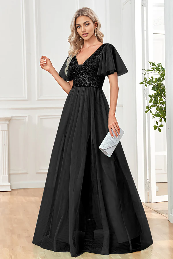 Black A-Line V Neck Long Prom Dress with Sequins simple gentle atmospheric and unique desi