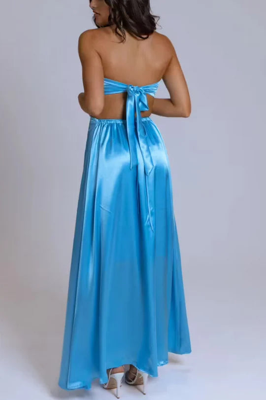 Backless Strapless A-Line Scoop Pleats Satin Long Party Prom Dress