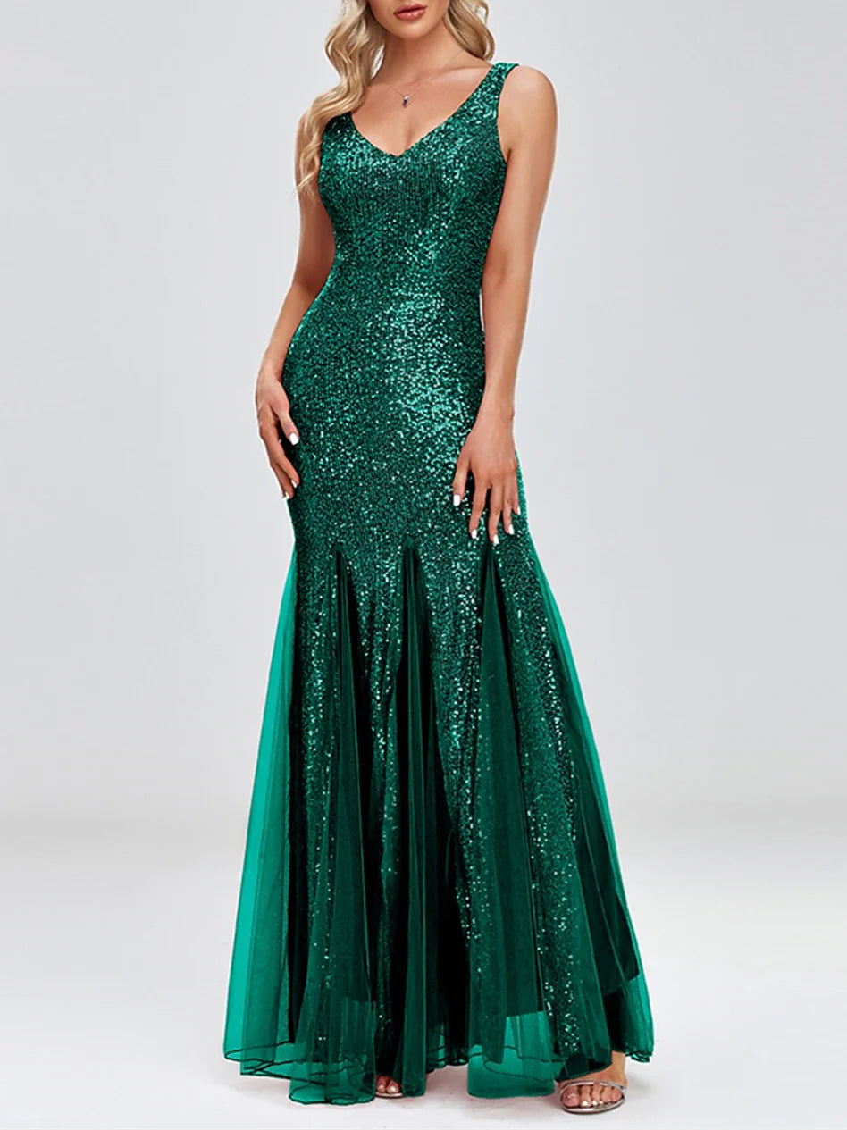 Mermaid Sleeveless V-Neck Sparkle Dress Evening Dresses With Sequin Simple gentle beautiful and unique design
