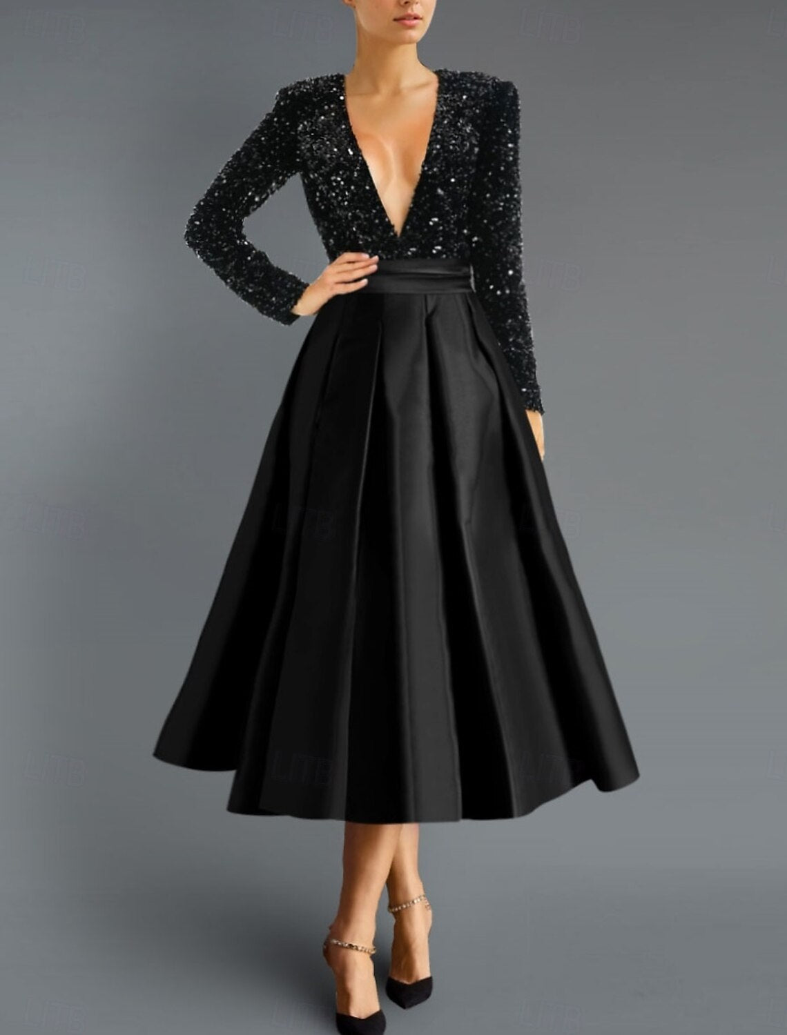 Black Gold A-Line Cocktail Dresses Elegant Dress Formal Wedding Tea Length Long Sleeve V Neck Fall Wedding Guest Satin with Glitter Sequin Derby Dresses