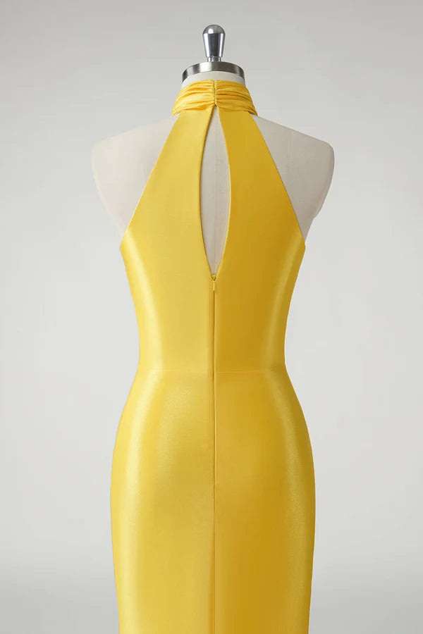 Yellow Mermaid Halter Satin Long Prom Dress simple gentle atmospheric and unique desi Bring summer colors to enhance whiteness