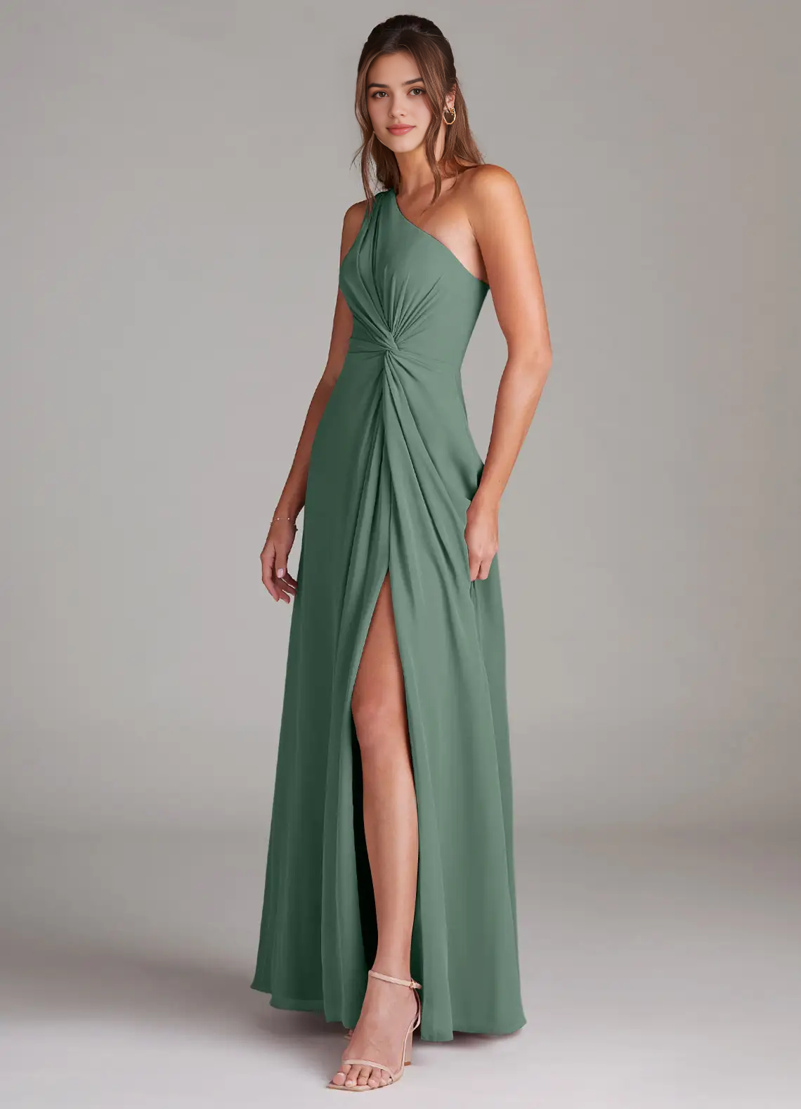 Sage Green One-Shoulder Ruched Maxi Dress with Side Slit A-Line One Shoulder Chiffon Dress Bridesmaid Dresses