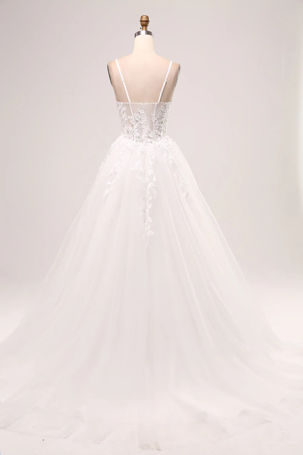 Ivory A-Line Spaghetti Straps Lace Appliques Tulle Wedding Dress with Slit